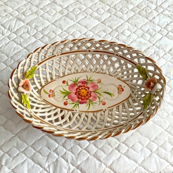 Vintage Bassano Italian Ceramic Console Bowl with applied flowers